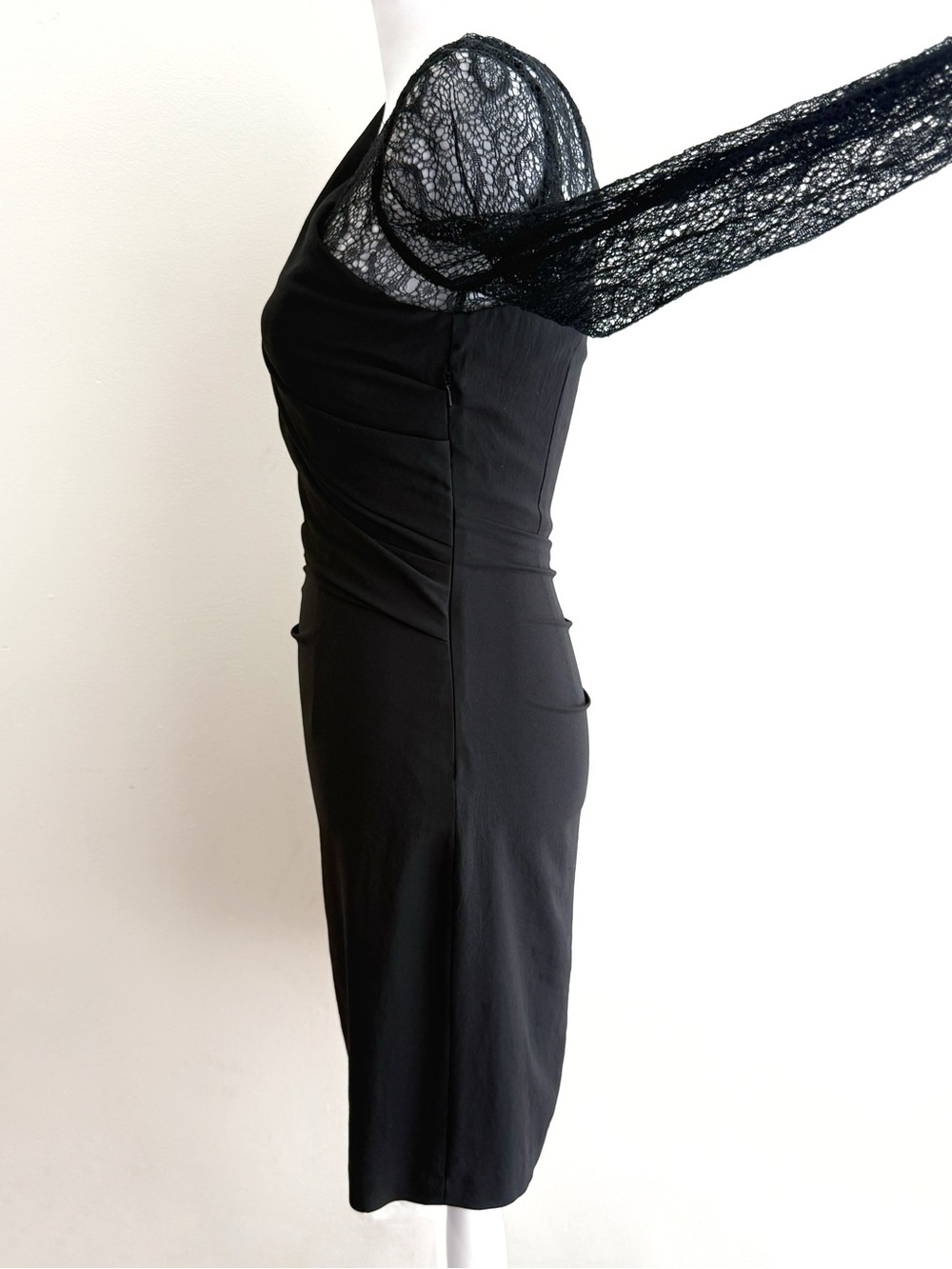 HELMUT LANG BLACK SHEER LACE SINGLE LONG SLEEVE RUCHED GATHERED MINI DRESS - Picture 4 of 14